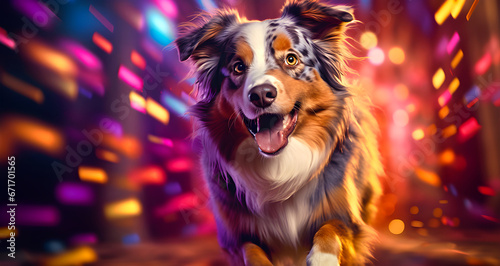 A colorful shepherd dog portrait with bright lights. The dog looks happy, surrounded by vibrant, glowing colors