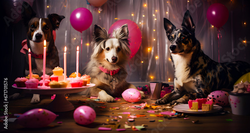 Birthday party - Three dogs sit at a party with pink cupcakes, balloons, and lights, looking ready to celebrate