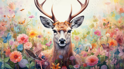  A serene deer amidst a meadow of blossoming, psychedelic flora Ai Generative