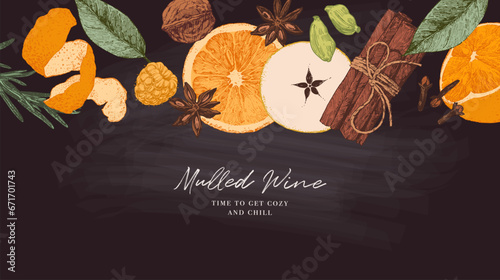 Christmas banner for menu with mulled wine and hot drinks ingredients. Winter holiday food with copy space for text. Set with fruits and spices. Hand drawn vector illustration