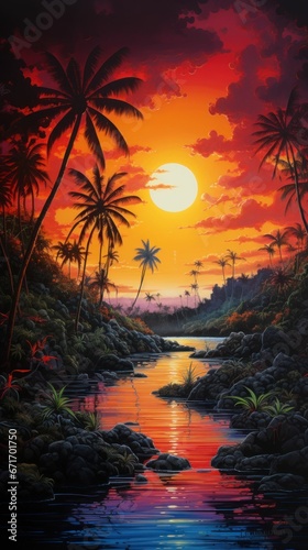 beautiful tropical sunset with trees 
