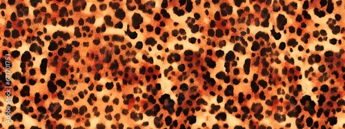 Fototapeta Seamless soft fluffy leopard print, cheetah spots African safari wildlife camouflage pattern. Realistic golden brown long pile animal skin rug, fur coat fashion background texture