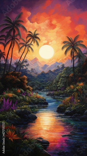 beautiful tropical sunset with trees 