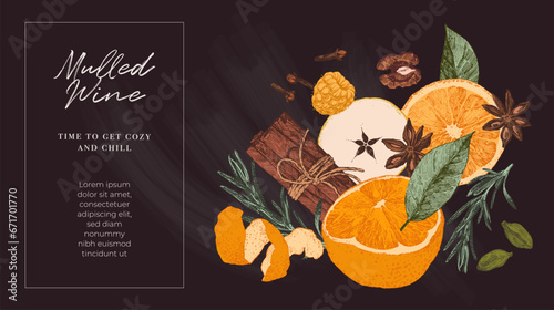 Christmas banner for menu with mulled wine and hot drinks ingredients. Winter holiday food with copy space for text. Set with fruits and spices. Hand drawn vector illustration