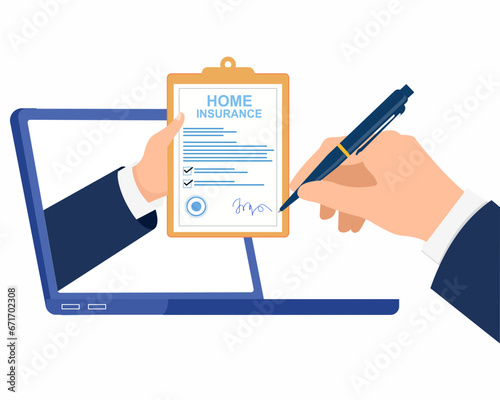 Man putting e signature into a home insurance document paper man signing an agreement or real estate insurance paper online Digital signature.