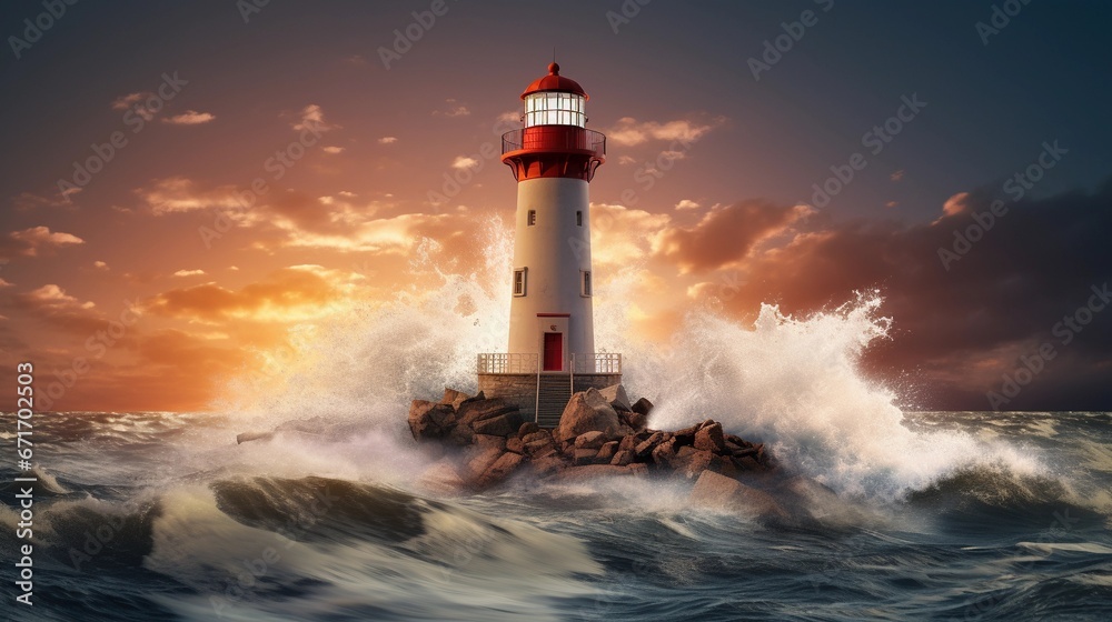 Ein Leuchtturm von tobenden hohen Wellen umgeben.