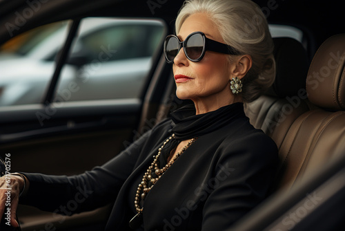 Business elderly lady in black stylish clothes and with jewelry driving a car, confident rich senior Caucasian woman driver in sunglasses