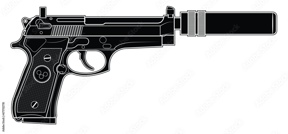 Vector illustration of the Beretta M92 automatic pistol with silencer on a white background. Black. Right side. - obrazy, fototapety, plakaty 