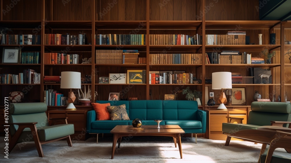 a mid-century-inspired library with wall-to-wall bookshelves and cozy reading nooks