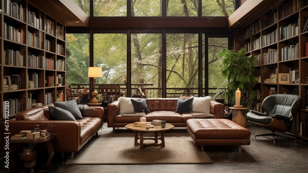 a mid-century modern sunroom with large windows, indoor plants, and comfortable seating.