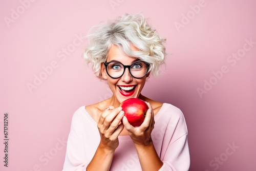 Mature woman with surprising expression holding a red apple. photo