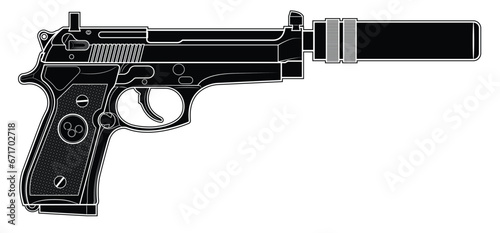 Vector illustration of the Beretta M92 automatic pistol with silencer on a white background. Black. Right side. photo