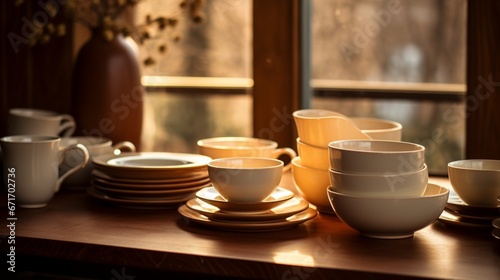a mesmerizing composition of mid-century modern crockery set on a wooden table, softly lit by a window's warm glow.