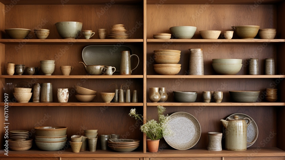 a mid-century crockery collection in a harmonious composition with natural textures and elements, exuding timeless charm
