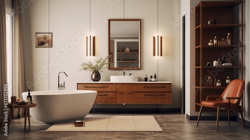 a mid-century modern bathroom with classic fixtures and a freestanding bathtub