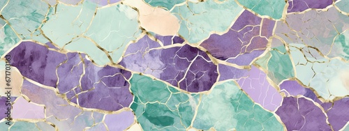 Seamless vintage lavender violet, lime teal contemporary kintsugi mosaic marble patchwork surface design pattern. Tileable abstract retro cracked mint green semiprecious stone background texture. photo