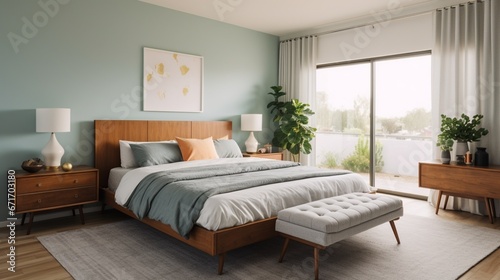 a mid-century modern guest bedroom with a comfortable queen-sized bed and retro nightstands