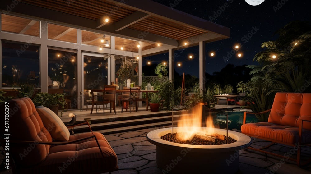 a mid-century outdoor lounge area with a fire pit, cozy seating, and a starry night sky.