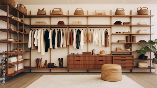 walk-in closet with open shelving, mid-century accents, and exquisite fashion