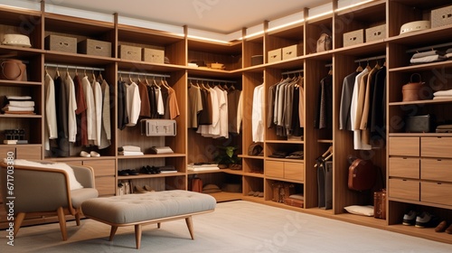 a mid-century modern walk-in closet with open shelving, mid-century accents, and exquisite fashion