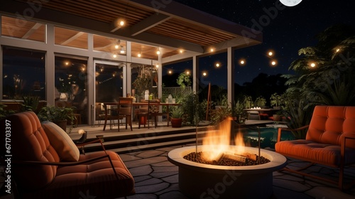 a mid-century outdoor lounge area with a fire pit, cozy seating, and a starry night sky.