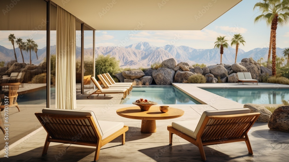 a mid-century outdoor patio with a geometric design, lounge chairs, and a stunning view.