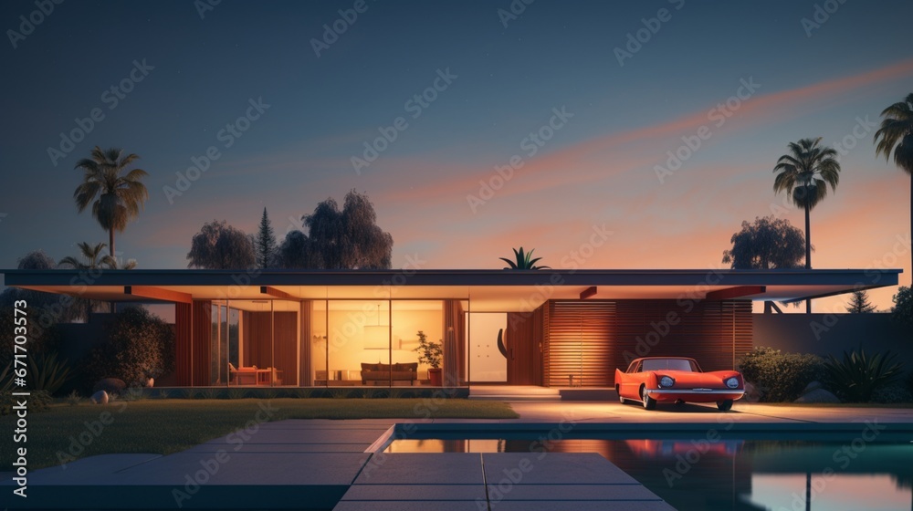  a mid-century modern house, its sleek lines and minimalist design perfectly framed in the evening light