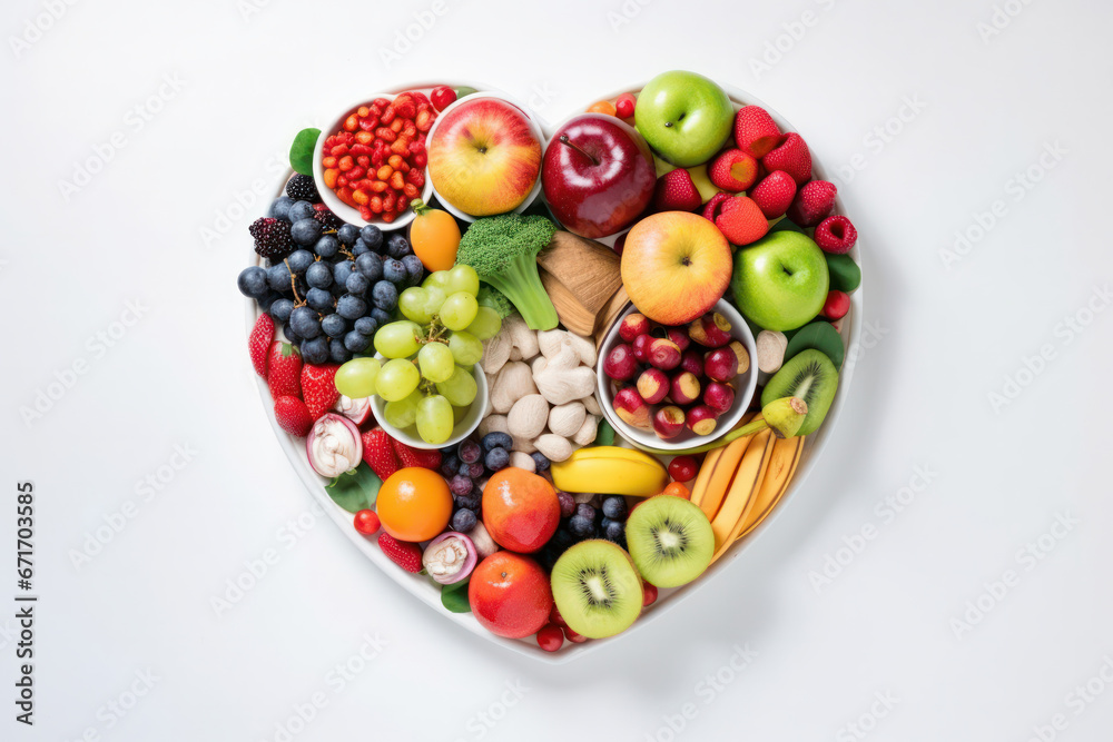 A vibrant heart-shaped platter filled with fresh fruits and vegetables for a colorful and healthy snack or meal. Perfect for those who prioritize nutrition and wellness. AI Generative. - obrazy, fototapety, plakaty 