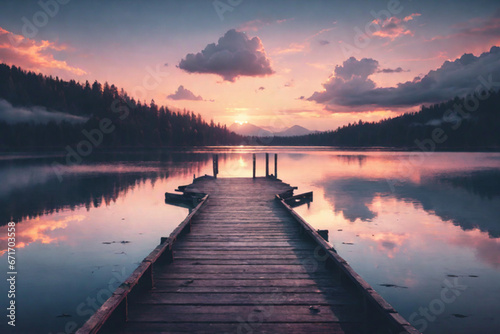 Beautiful empty wooden pathways with trees and a blue sky,  the calm ocean with the beautiful sunset over the horizon