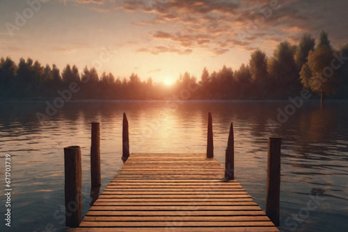 Beautiful empty wooden pathways with trees and a blue sky   the calm ocean with the beautiful sunset over the horizon