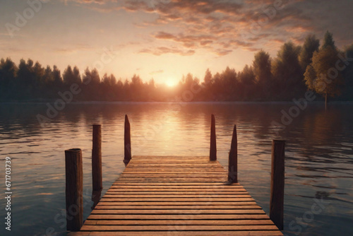 Beautiful empty wooden pathways with trees and a blue sky,  the calm ocean with the beautiful sunset over the horizon