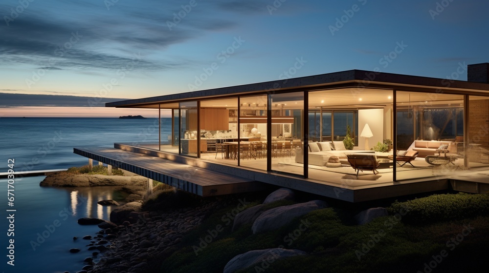the essence of a mid-century modern home in a coastal setting, waves gently lapping at the nearby shore 