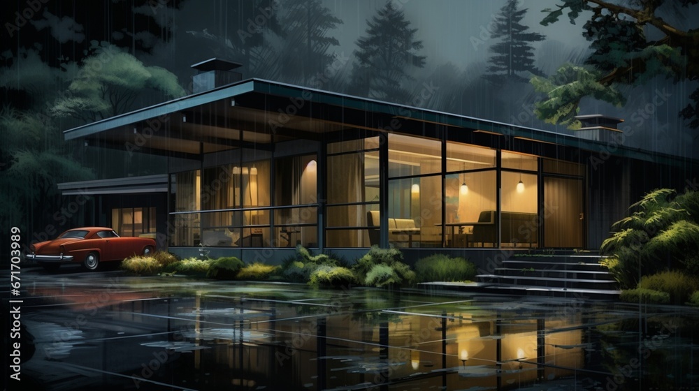 a vivid portrayal of a mid-century modern home in the midst of a gentle rain, capturing the serenity of the moment