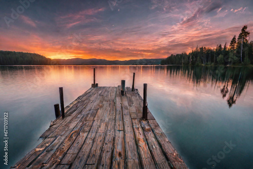 Beautiful empty wooden pathways with trees and a blue sky,  the calm ocean with the beautiful sunset over the horizon