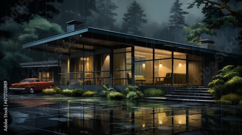 a vivid portrayal of a mid-century modern home in the midst of a gentle rain, capturing the serenity of the moment © Artistic_Creation