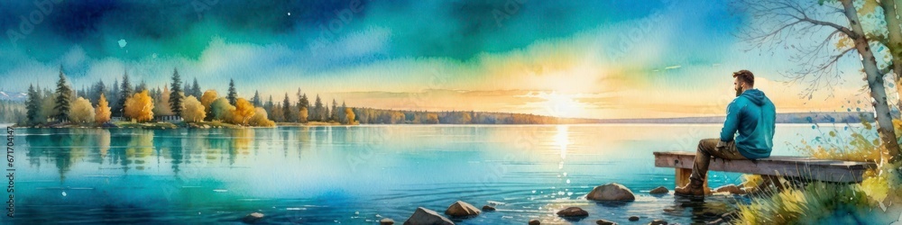 Obraz premium Watercolor banner man on the lake shore, place to insert text, background for your design 