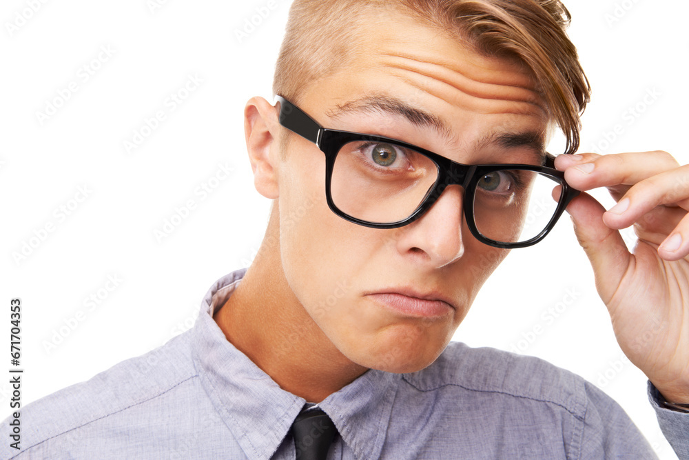 Spectacles, optometry and portrait of man in a studio with confused, doubt or squinting facial expression. Vision, health and young male person with glasses or eyewear isolated by white background. Spectacles, optometry and portrait of man in a studio with confused, doubt or squinting facial expression. Vision, health and young male person with glasses or eyewear isolated by white background.