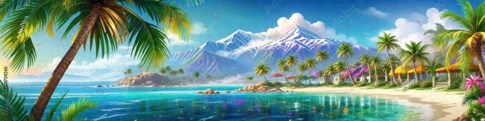 Abstract banner bright fantasy panorama of a tropical beach on a mountain background