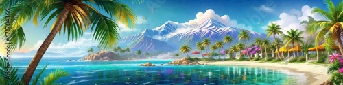 Abstract banner bright fantasy panorama of a tropical beach on a mountain background
