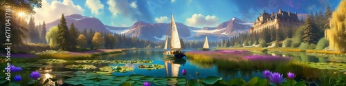 Abstract banner sailing boat on a mountain lake, background for your design