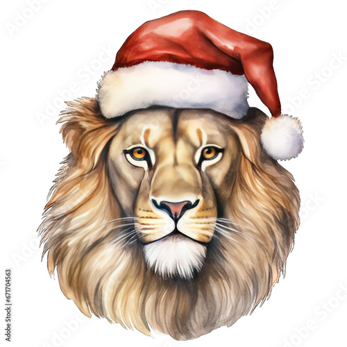 Lion wearing a santa hat for Christmas, isolated transparent background