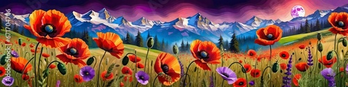 Banner colorful panorama of blooming poppies on the background of mountains at night, background for your design, concept Valentine's or birthday or Mother's Day or Women's Day.