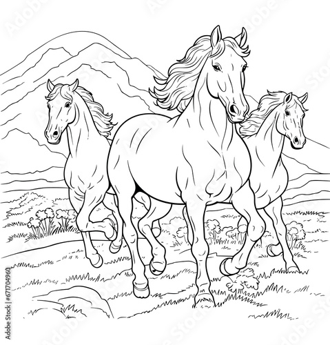Horses running coloring pages - coloring book