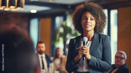 A confident black female executive masterfully delivers a business presentation in a boardroom, engaging her audience during an informative workshop, generative ai
