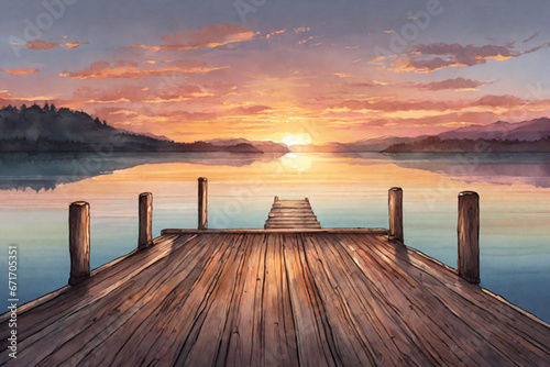 Beautiful empty wooden pathways with trees and a blue sky,  the calm ocean with the beautiful sunset over the horizon