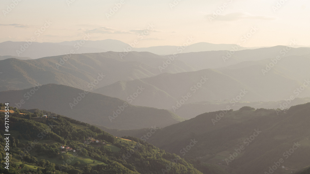 A view of the mountains illuminated by sunlight