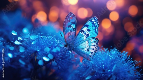  a close up of a butterfly on a flower with blurry lights in the backgrouds of the background.  generative ai © Oleg