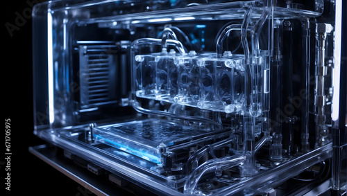 A liquid cooling system with a transparent reservoir showing the coolant flow for a gaming rig. Generative AI