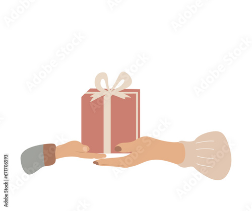 Woman hand giving a present to a child hand. Holiday gift box for kid in hands.