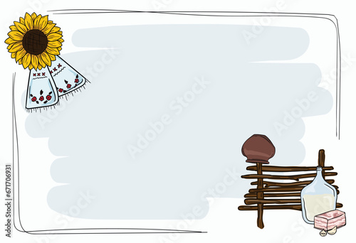 Cartoon template with text frame for power point presentation in Ukrainian style with a set of elements